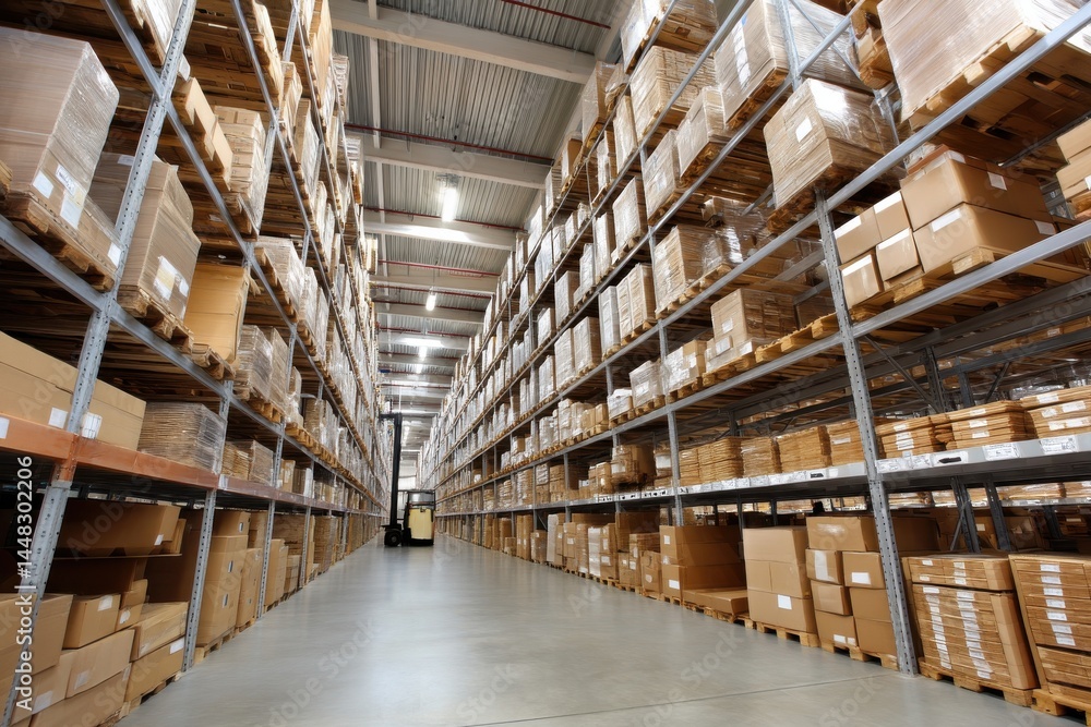 Fototapeta premium warehouse images organized storage, advanced logistics, neatly stacked boxes on shelves, and precise inventory management in industrial spaces for streamlined distribution and efficient shipment