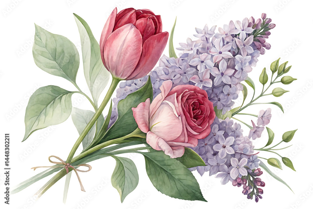 Watercolor bouquet of tulip, rose and lilac flowers on black background, floral illustration. Watercolor bouquet of tulip, rose and lilac flowers on black background, floral illustration.