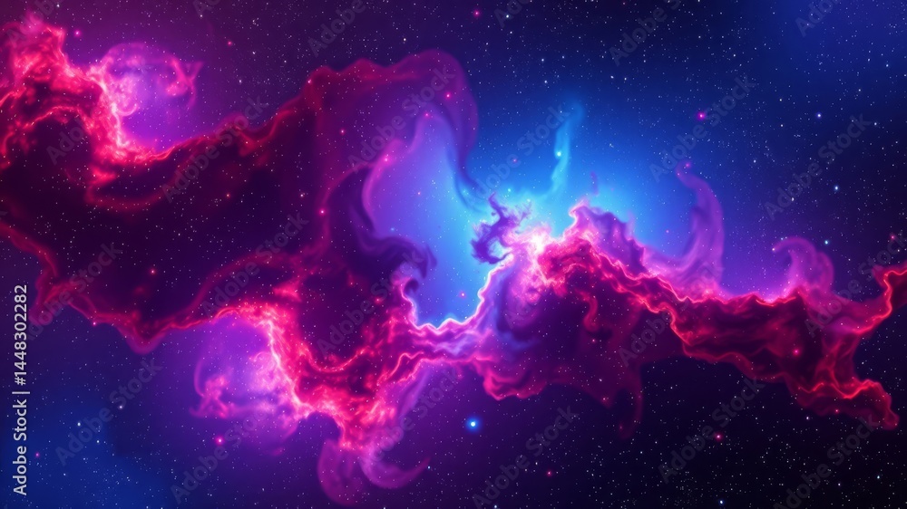 A vibrant nebula swirls in deep space showing pink and blue cosmic clouds of gas and dust. A vibrant nebula swirls in deep space showing pink and blue cosmic clouds of gas and dust.