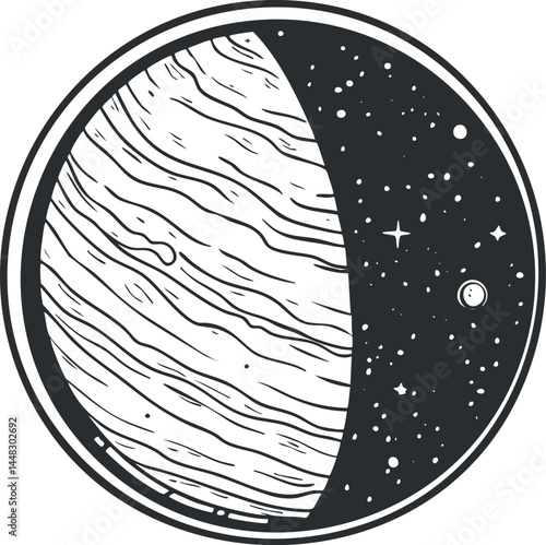 Black and white illustration of a planet partially illuminated with stars and a small moon in space