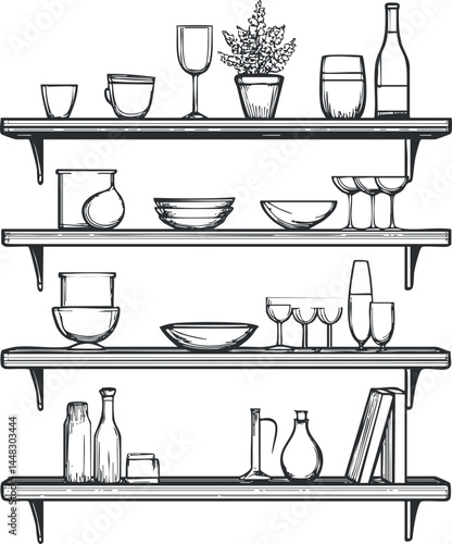 Black and white line drawing of multiple shelves with assorted kitchenware including glasses bowls bottles and a potted plant
