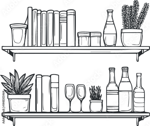 Black and white illustration of two shelves with books, potted plants, glass bottles, jars, and wine glasses arranged neatly.
