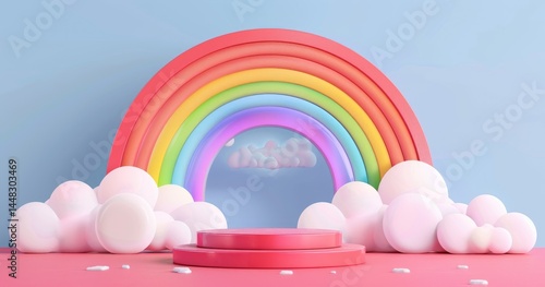 A colorful, playful scene featuring a rainbow and fluffy clouds, perfect for children's themes.