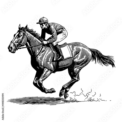 Magnificent Race Horse Running with Rider in Action Black and White Outline Line Art Drawing Vintage Style Engraving Illustration