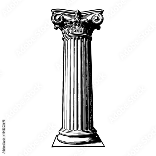 Detailed Roman Column Capital Base Ancient Architecture Classic Style Black and White Outline Line Art Drawing Isolated Object