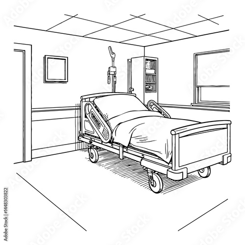 White Hospital Room Bed with IV Stand and Bookshelf in Black and White Outline Line Art Drawing