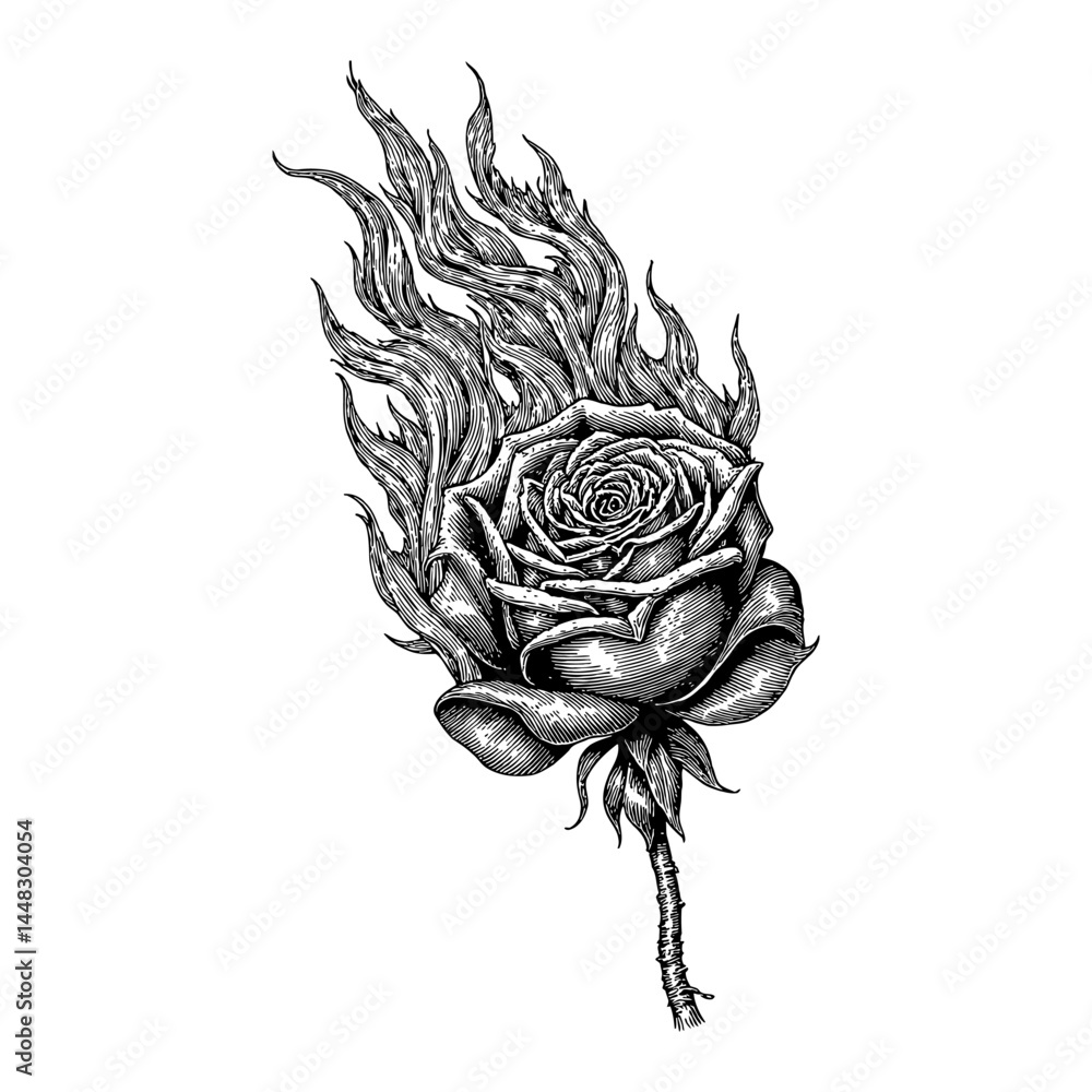 Fototapeta premium A Rose Coated in Flame Intense Energy Black and White Outline Line Art Drawing Illustration Detail