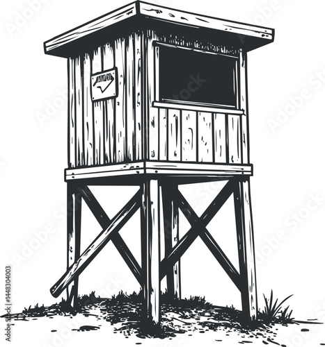 Hand-drawn illustration of a wooden watchtower elevated on stilts for observation and surveillance