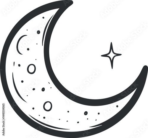 Black and white illustration of a crescent moon with a star in the night sky symbolizing celestial beauty and mystery