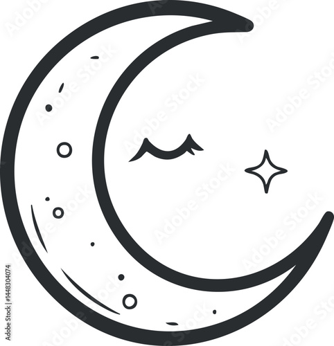 Simple black and white crescent moon with a sleeping eye and star symbol representing night and dreams