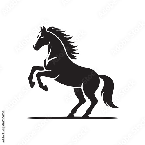A black vector silhouette illustration depicts a wild mustang, an equine animal with a flowing mane, in a running gallop