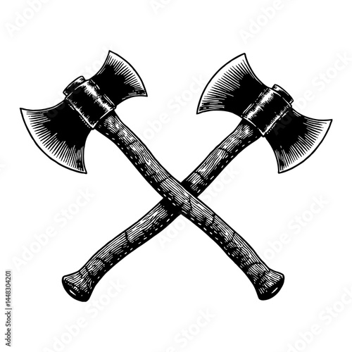 Crossed Hand Axes Vintage Engraving Style Black and White Outline Line Art Drawing Vector Graphic Illustration