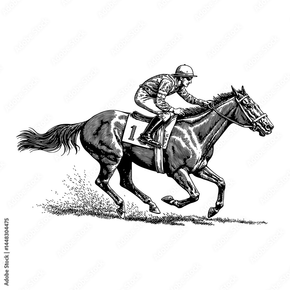 Fototapeta premium Magnificent Race Horse Running Fast with Rider Jockey in Action Vintage Black and White Outline Line Art Drawing