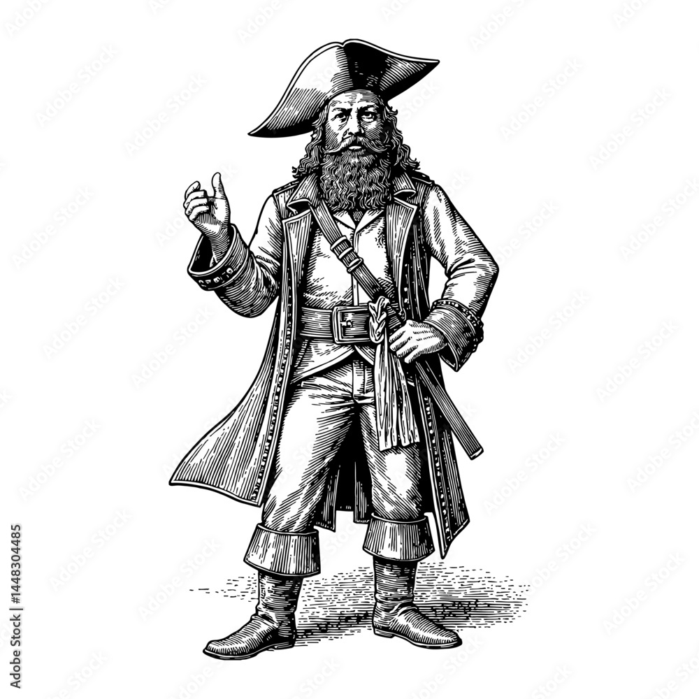 Obraz premium Full Body Man Wearing Pirate Costume with Pirate Hat Black and White Outline Line Art Drawing Isolated
