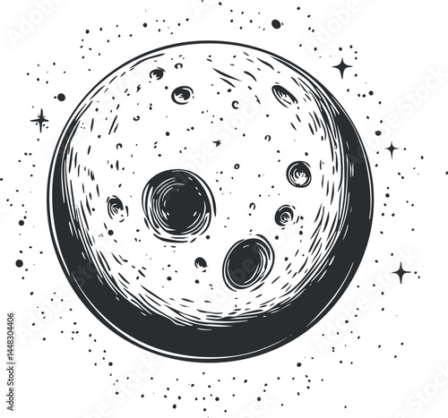 Black and white hand-drawn illustration of the moon with craters and stars in space
