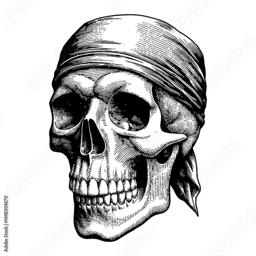 Skull Wearing Head Bandana Detailed Vintage Black and White Outline Line Art Drawing Engraving Style