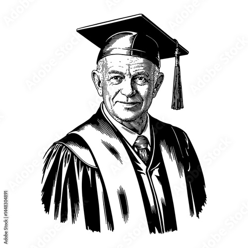 An Old Man with Graduation Robe and Hat Portrait Black and White Outline Line Art Drawing