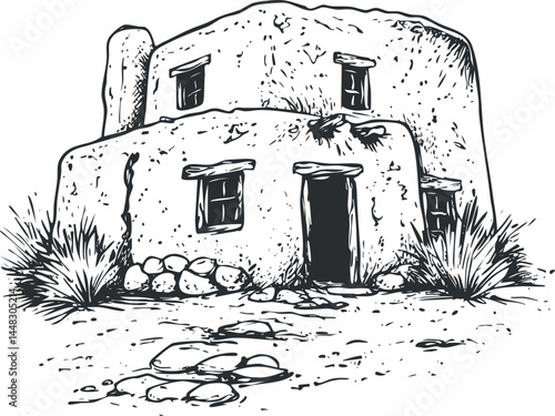 Black and white sketch of a traditional adobe house with two stories and rustic southwest architecture