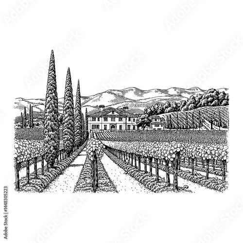 Mediterranean Villa Vineyards Cypress Landscape View Black White Outline Line Art Drawing Etching Ink