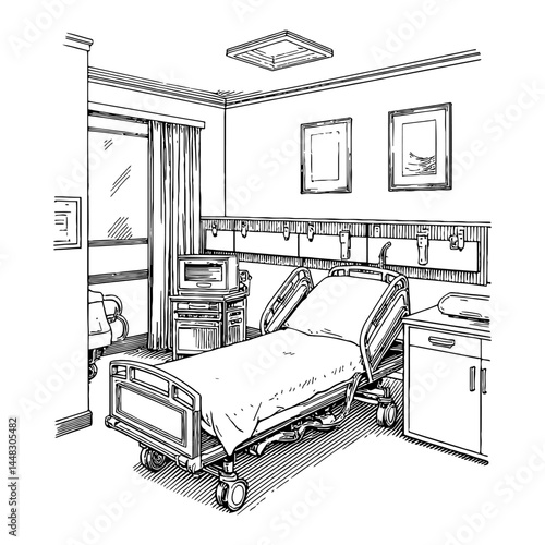 Empty Clean White Hospital Room with Bed Medical Equipment Furniture Black and White Outline Line Art Drawing