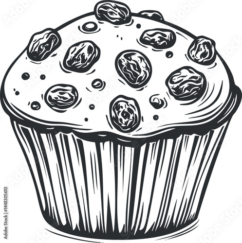 Black and white illustration of a raisin muffin with textured wrapper and detailed raisins on top