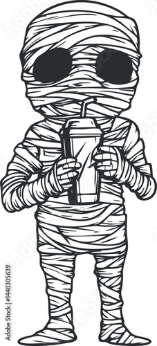 Cartoon illustration of a cute mummy character wrapped in bandages drinking a beverage with a straw