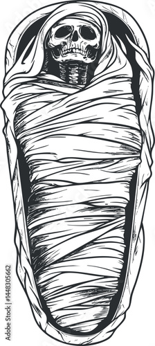 Black and white illustration of a mummy wrapped in bandages lying in a coffin with a visible skull, symbolizing ancient death and horror themes