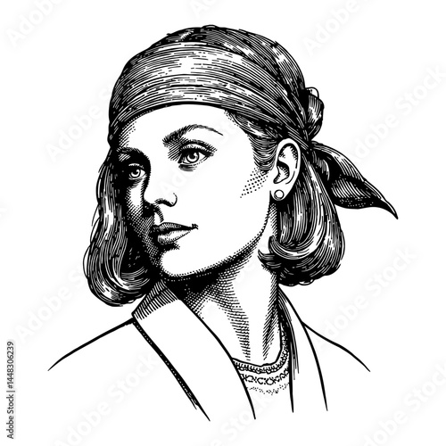 Detailed Black and White Outline Line Art Drawing of Woman Wearing Pirate Head Bandana Vintage Style