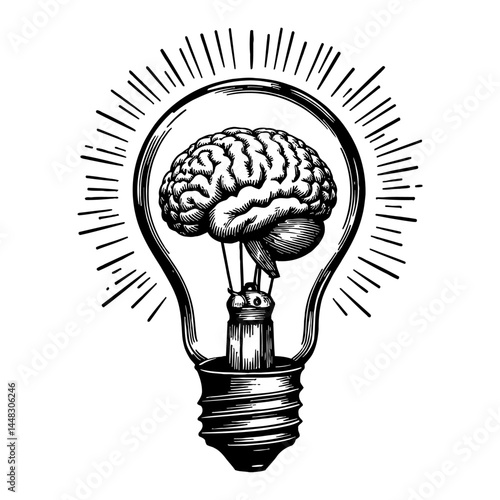 A light bulb with a human brain inside front view Black and White Outline Line Art Drawing with sunburst effect