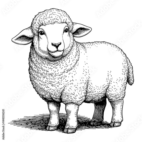 A Little Lamb Standing Full Body in Vintage Retro Style Black and White Outline Line Art Drawing