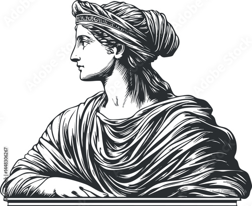 Foto Black and white line art of a classical woman bust in profile with draped clothi