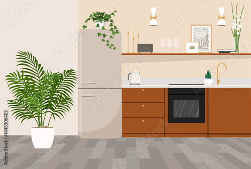 Stylish interior design of a kitchen with retro appliances, shelves with decor and plants.