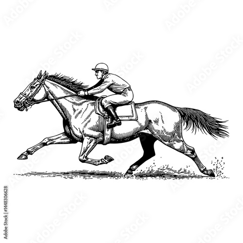 Magnificent Race Horse Running with Rider Black and White Outline Line Art Drawing
