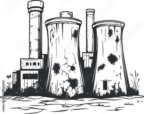 Black and white illustration of an abandoned industrial factory with damaged cooling towers and chimneys.