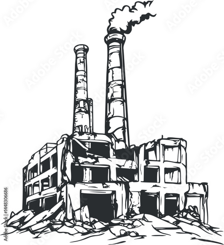 Black and white sketch of an industrial factory with two chimneys emitting smoke and surrounding debris