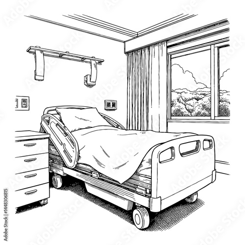 Detailed Black and White Outline Line Art Drawing of an Empty White Hospital Room Bed and Window View