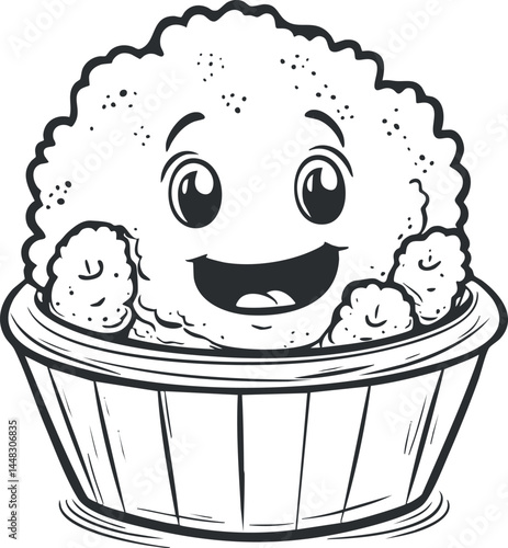 Black and white cartoon illustration of a smiling cauliflower vegetable in a wooden basket with a happy face
