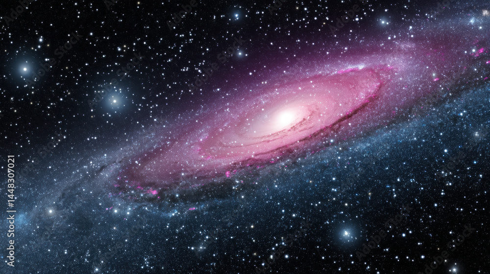 Obraz premium stunning view of spiral galaxy, showcasing vibrant pink and white hues against backdrop of countless stars. This cosmic scene evokes sense of wonder and vastness of universe
