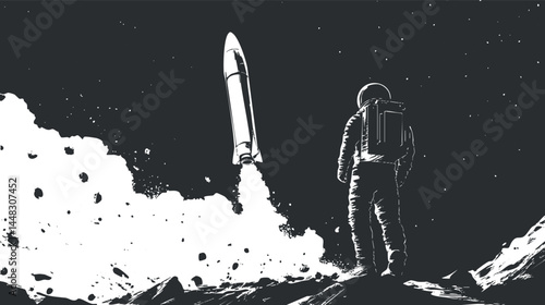 Astronaut standing on moon surface watching rocket launch into starry space sky