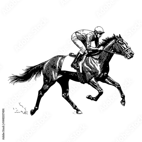 Magnificent Race Horse Running with Rider Vintage Black and White Outline Line Art Drawing Illustration