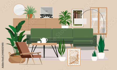 Green interior mood board with matching furniture and accessories.