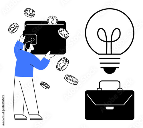 Person holding oversized wallet releasing coins, lightbulb symbolizing ideas, and briefcase representing work. Ideal for finance, innovation, earnings, business management, savings, entrepreneurship