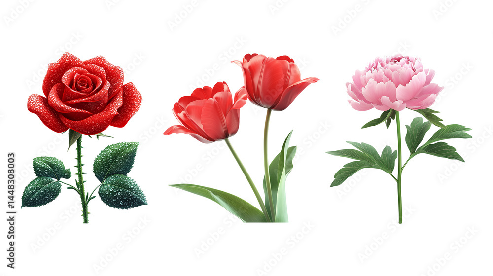 Obraz premium Realistic rose, tulip, and peony flower icons with fresh colors and natural leaf detail with transparent background