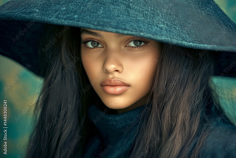 Stunning calm mixed-race girl - for ads, alley poster and social networks use. Long coiffure - straight hair. Commercial digital ads creative. Colored hair beauty. Vibrant hair styles.