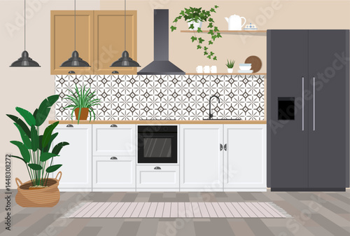 Modern interior design of cozy home kitchen, wooden furniture, cooking appliances, utensils, decoration, flowers and plants. Colored flat vector illustration of room in rustic style