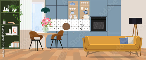 Blue kitchen in scandinavian style and modern kitchenware. Bright interior with beige walls and floor. Vase with flowers on diner table.