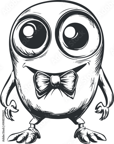 Black and white sketch of a cute cartoon monster with big eyes and a bowtie smiling