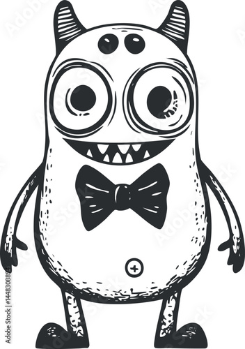 Black and white cartoon illustration of a cute monster with big eyes, horns, and a bow tie