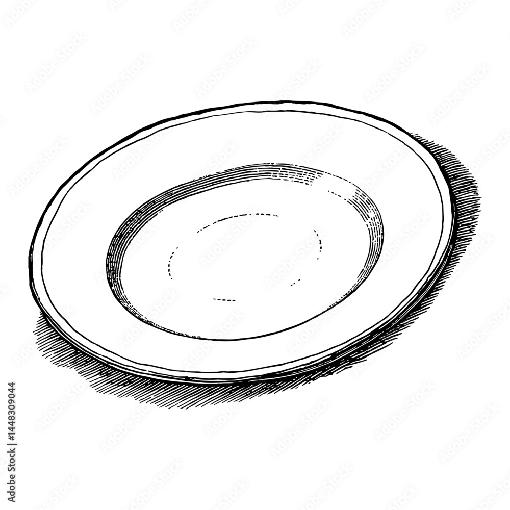 Empty Plate Illustration Black and White Outline Line Art Drawing Isolated Object Vintage Retro Style Detail Empty Plate Illustration Black and White Outline Line Art Drawing Isolated Object Vintage Retro Style Detail