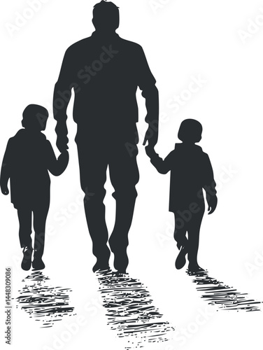 Silhouette of a father walking outdoors holding hands with two children casting shadows on the ground